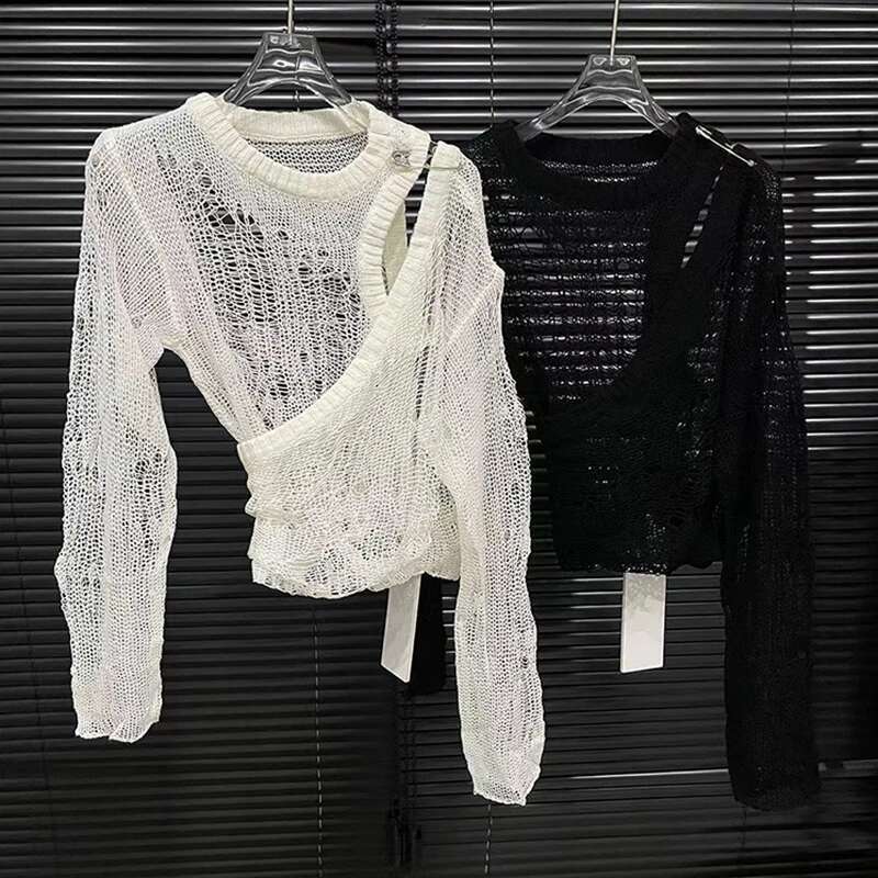 2025 Spring New Pin Fake Two Piece Knitted Shirt For Women Versatile Hollow Out Long Sleeved Top Female Trendy 11A0379