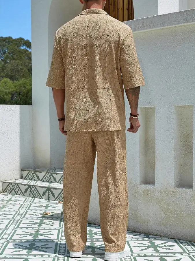 Summer Mens Set Half Sleeved Shirt and Long Pants Twopiece Turndown Vneck Casual Streetwear Holiday Loose Suit s 250227