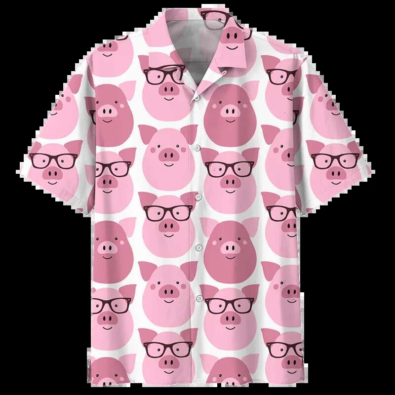 Cartoon Pig Pattern Hawaiian Men's Designer Shirt 3D Printed Animal Short Sleeved Summer New Item Collar Oversized Shirt Street Button Shirt Beac