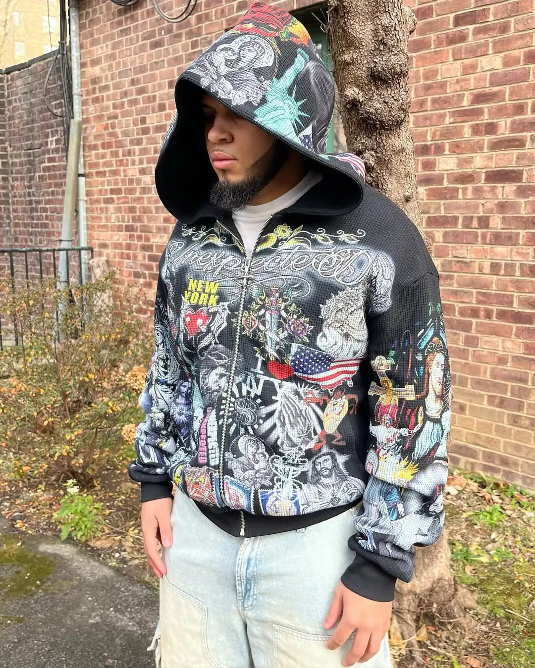 Punk Style Mens Zipper Hooded Sweatshirt Multi Pattern Gothic Waffle Outerwear Street Fashion Loose Large Size Hooded Sweatshirt 250303