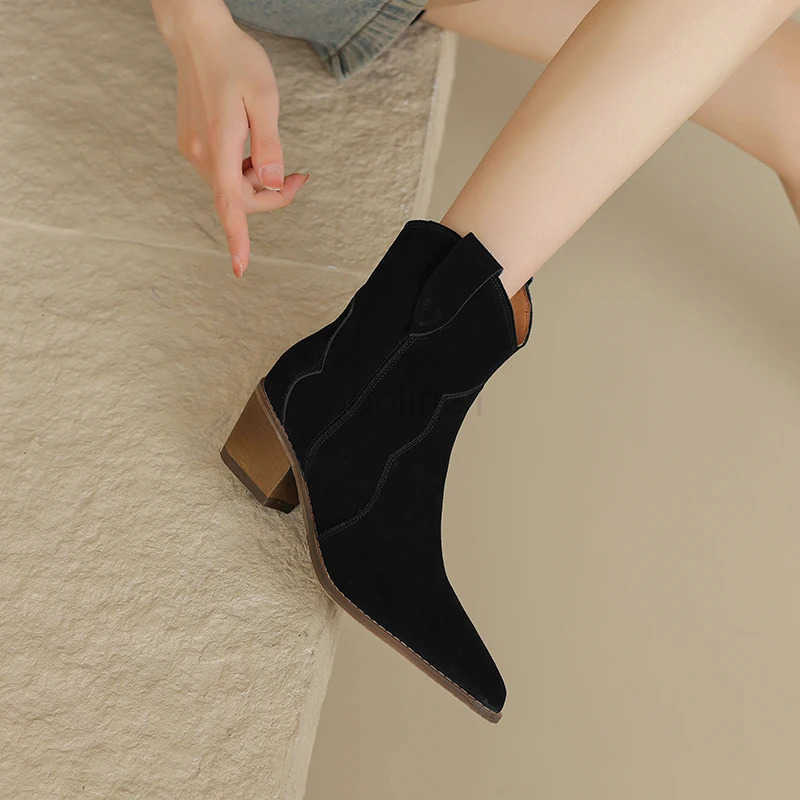 FENXINA Large Size 34-44 New Cow Suede Leather Wern Boots Wen Pointed Toe Block H Autumn Winter Ankle Boots Ladies Shoe Z250304