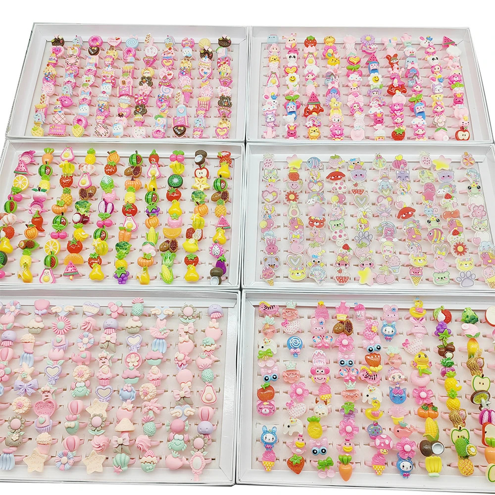 100pcs/Lot Factory Wholesale Open Adjust Child Finger Rings for Party Cosplay Show Resin Jewelry Cute Girls Animal Foods Fruits 250304