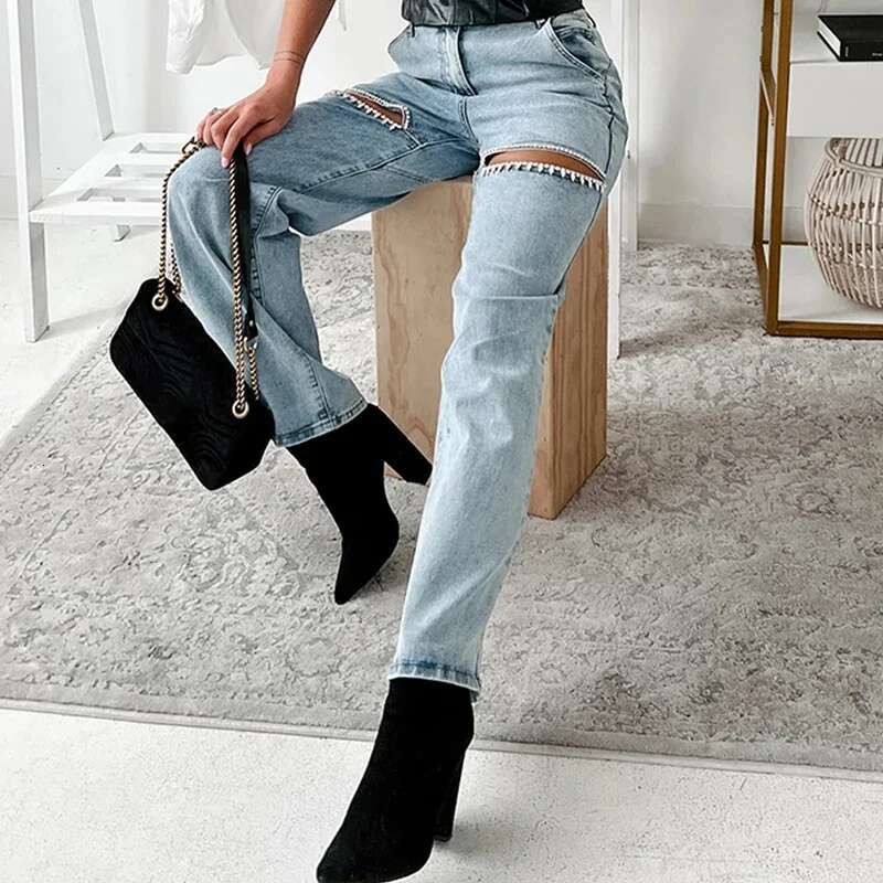 Women's Dia Patchwork Slim Long Pants, Sexy Hollow Zipper Jeans, Casual High Waist Button Denim Trousers, Summer Fashion, 20
