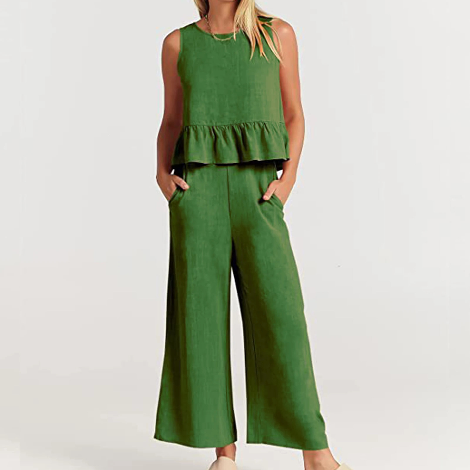 Womens 2piece long pants set with square neckline cotton summer loose fit solid color sleeveless daily clothing 250225