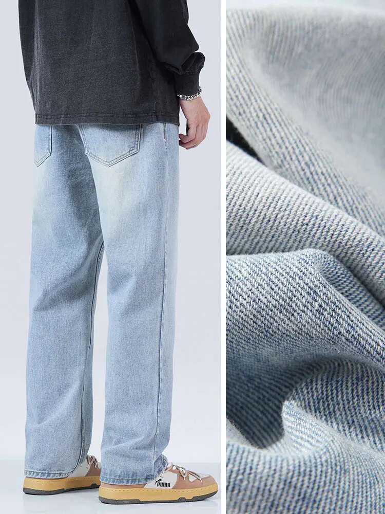 2023 New Autumn Blue Jeans Men Korean Vintage Banding Waist Denim Cotton Casual Wide-Leg Long Pants Straight Baggy Jean Trousers