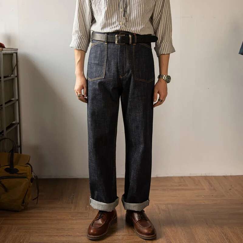 Tornado Denim Railroad Pants High Waist Red Style Seage Jeans Back Buckle
