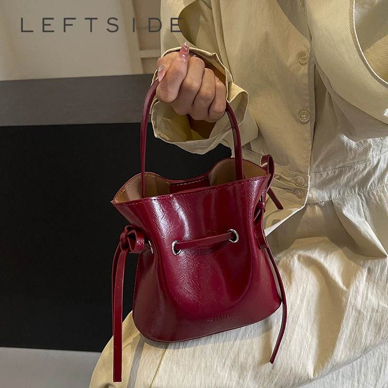 LEFTSIDE Mini PU Leather Tie Rod Cross body Bag Womens Fashion Womens Bucket Bag Womens Shoulder Bag Silver Handbag 250303