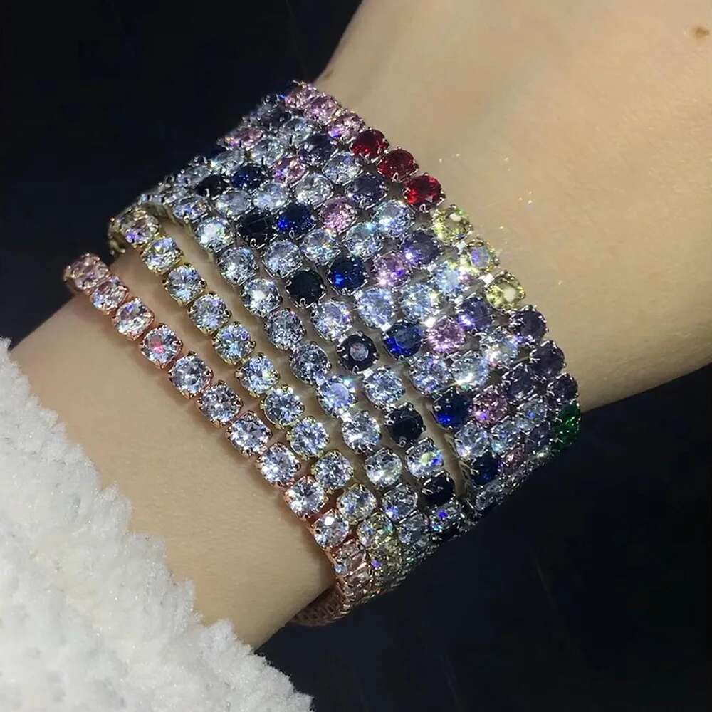 Colorful Zircon Tennis Bracelet Bangle for Women Sier Color 4mm Rainbow Crystal Hand Chain Jewelry Friend Gifts H027-M