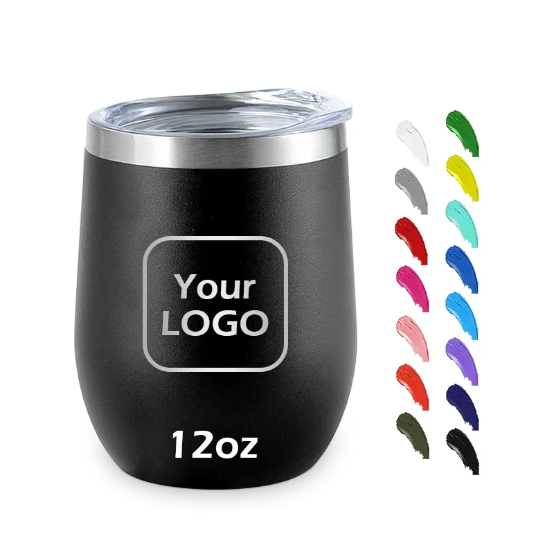 Customize logo 12oz Powder Coated wine glass Tumbler Stainless Steel Double Wall Insulated Vacuum egg Cups with lid red wine glasses 16 colors