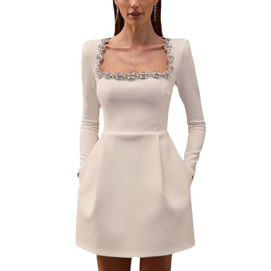 European and American Spring Women's Elegant Square Neck Dia Set Short Veet Dress 2025 New Casual Fashion Trendy Clothing