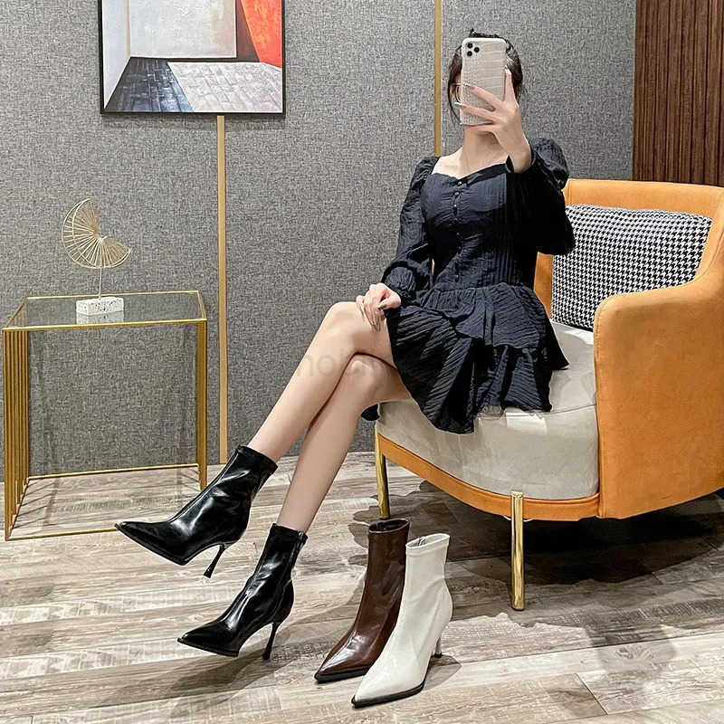 Fion Slimming Boots Elegant Pointed Leather Skinny Boots 2024 Wens Ankle Short Botas Stiletto High H Lolita Shoes Z250304