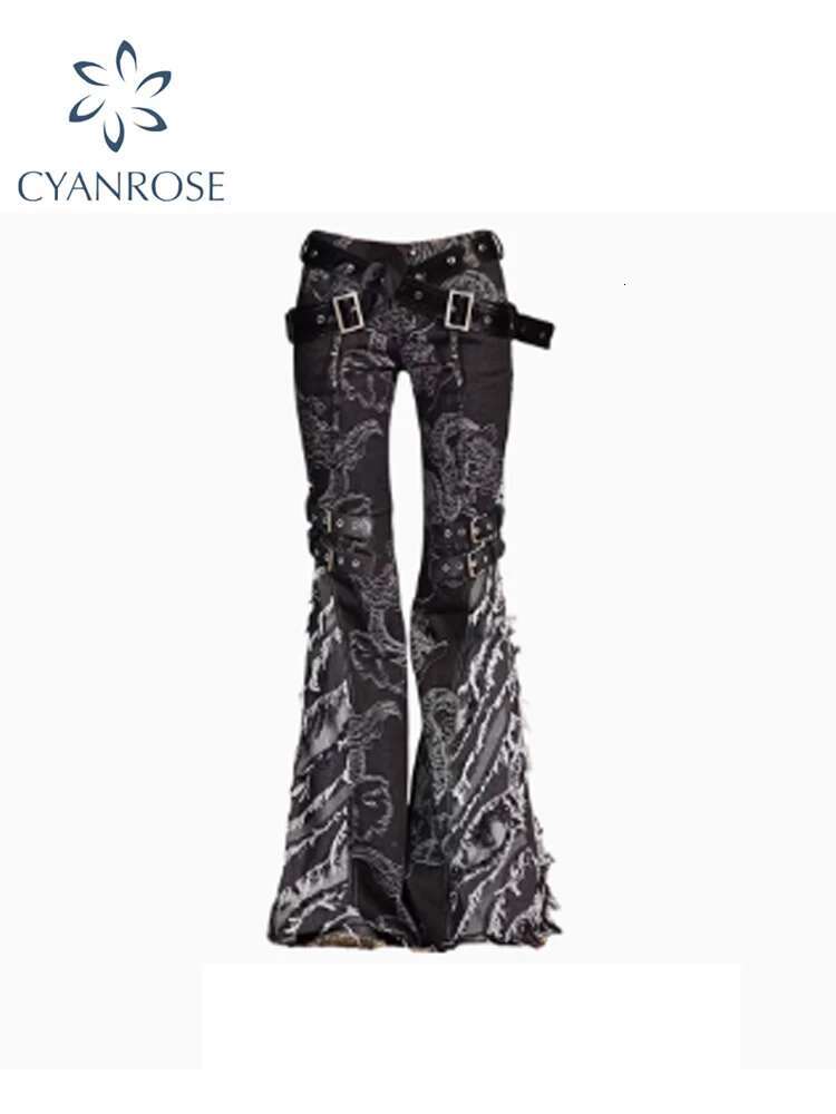 Women Black Goth Baggy Y2k Flare Ripped Jeans Oversize Denim Trousers Vintage Japanese 2000S Style Emo Jean Pants Trashy Clothes