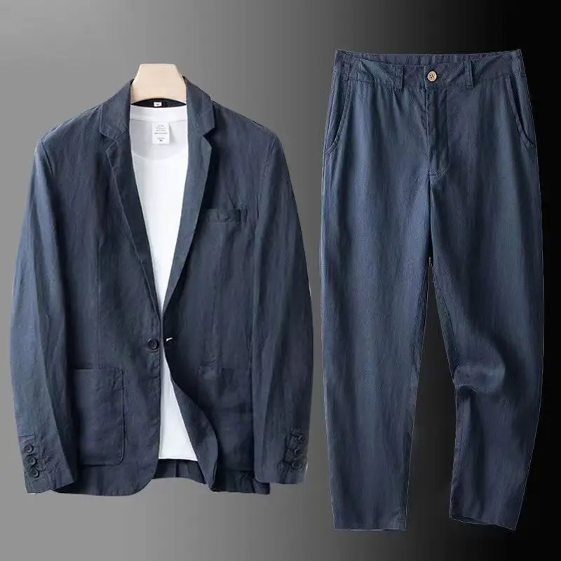 Spring Autumn Fashion Men Linen Two-piece Set Blazer Jacket Pants Solid Slim Fit Casual Business Thin Clothing Breathable Suit 250303