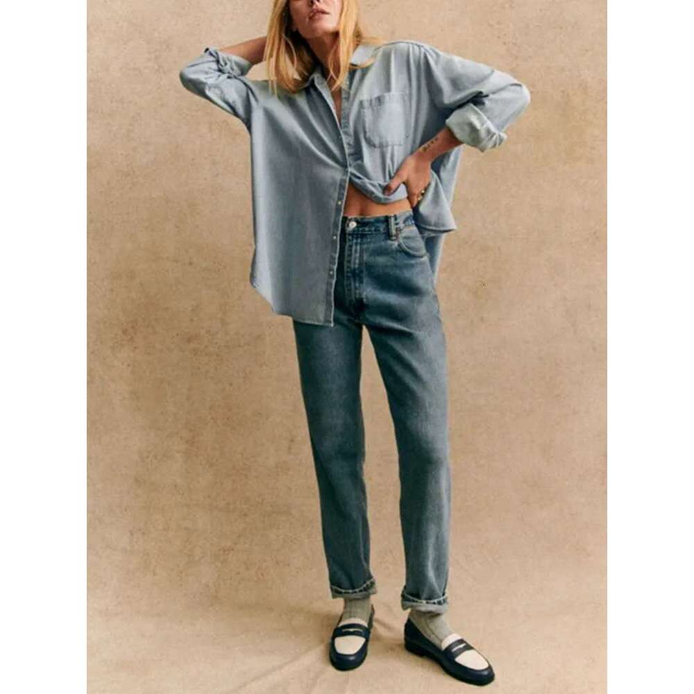 Women's Long Sleeve Irregular Denim Blouse Turn-Down Collar 2025 Summer New Female All-Match Single Breasted Shirt With Pocket