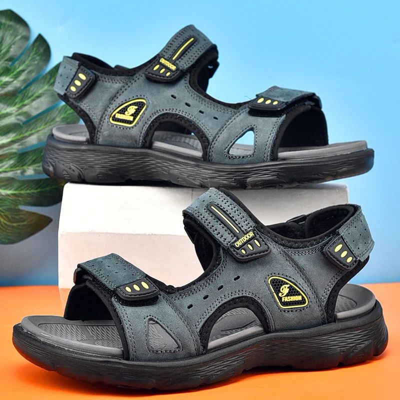 Summer Men Genuine Leather Sandals Classic Casual Shoes Men Outdoor Beach Sandals Roman Summer Mens Water Shoes Size 38- 250303