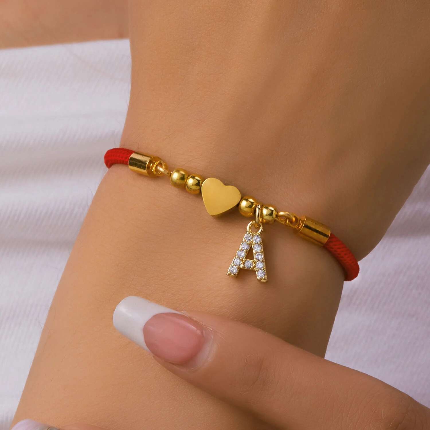 Stainless Steel Gold Color A-Z Heart Initial Letter for Women Lucky Red Adjustable Rope Bracelet Charm Jewelry Gift