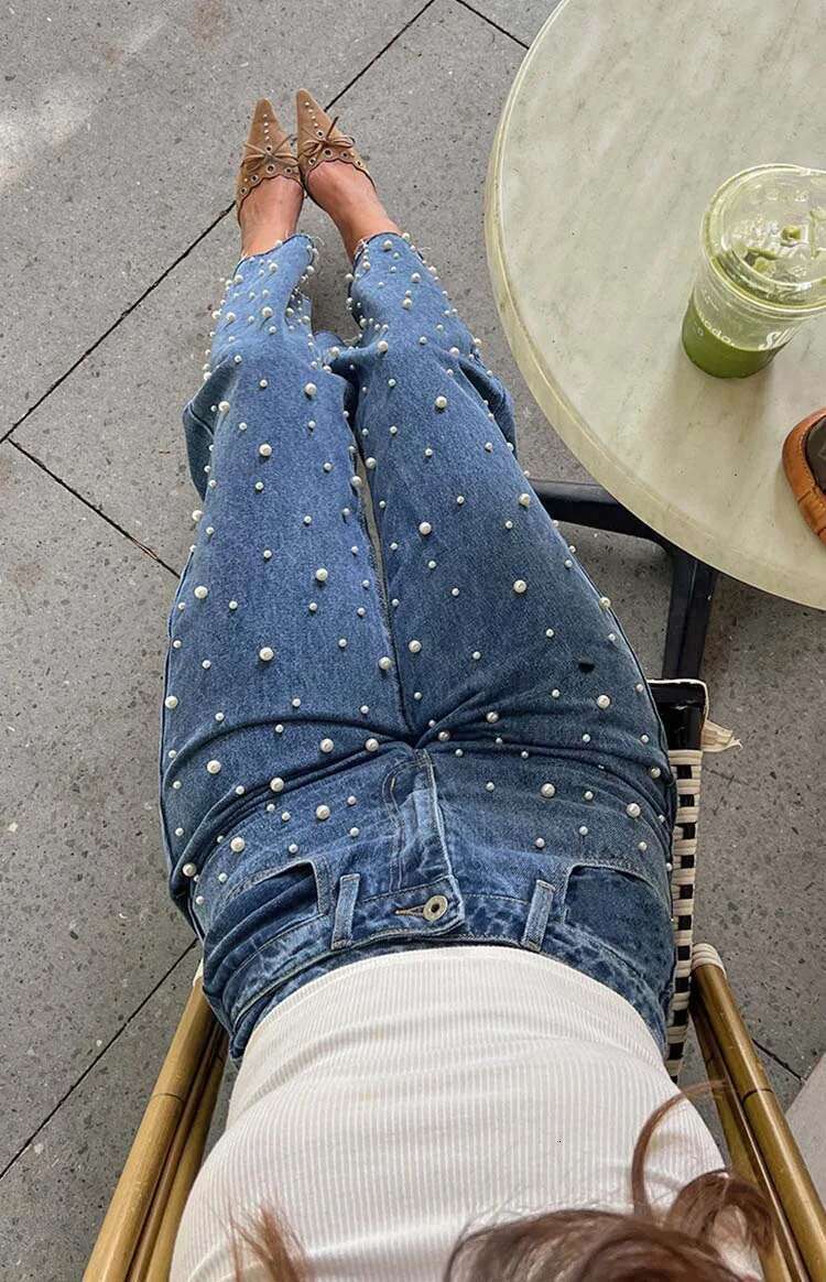 Lcchee Y2k Slanted Waist Cross Vintage Beaded Straight Burrs Denim Trousers Jeans Women