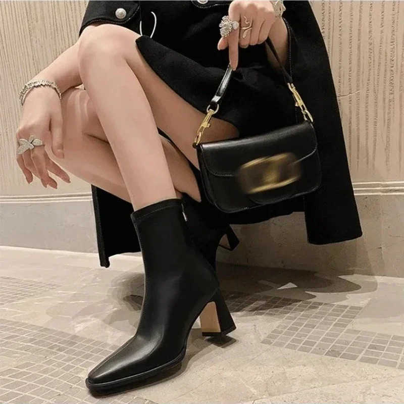 Wens Fion Ankle Boots Winter Square Toe Leather High H 2025 Back Zipper Cfortable Warm Elastic Boots Botas De Mujer Z250304