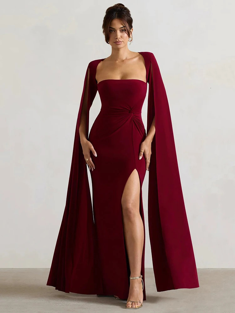 Long Sleeve Black Evening Gown: Women's Solid Square Collar Split Maxi Dress - Elegant & Sexy C260312