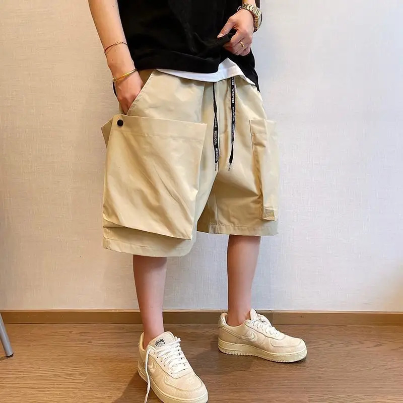 Mens Trendy Casual Streetwear Hip Hop Big Pocket Cargo Short Pants Y2K Summer Youth Solid Oversize Baggy Beach Shorts 250303