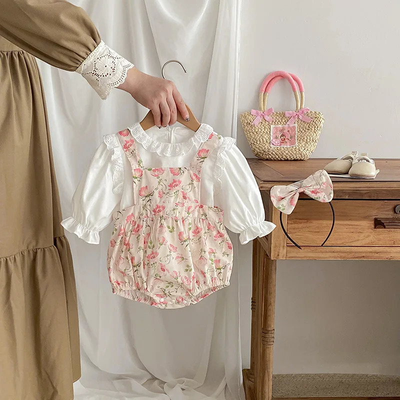 Spring and Autumn Baby Girls 2PCS Clothing Set Ruffled Cotton Shirt Flower Printed Shoulder Strap jumpsuit for Preschool Girls 250304
