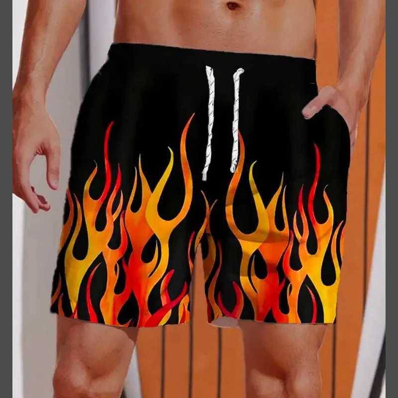 3D Printed Striped Flame Beach Shorts Mens Splicing Grid Pattern Board Shorts Summer Drawstring Breathable Hawaiian Swim TrunksT250304