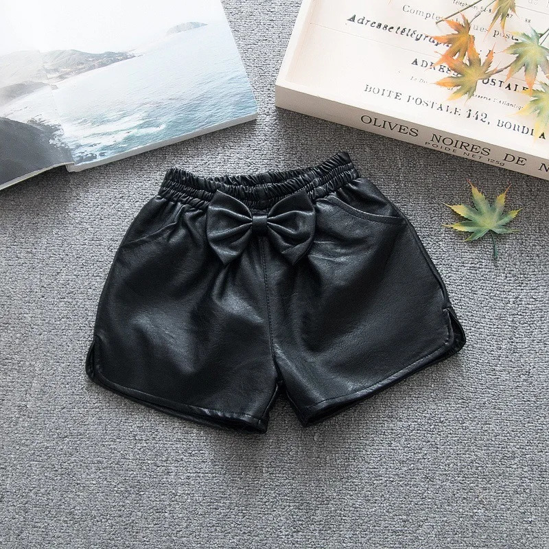 100-160cm Spring and Autumn Girls Fashion Pu Leather Shorts Baby and Childrens Clothing 250304