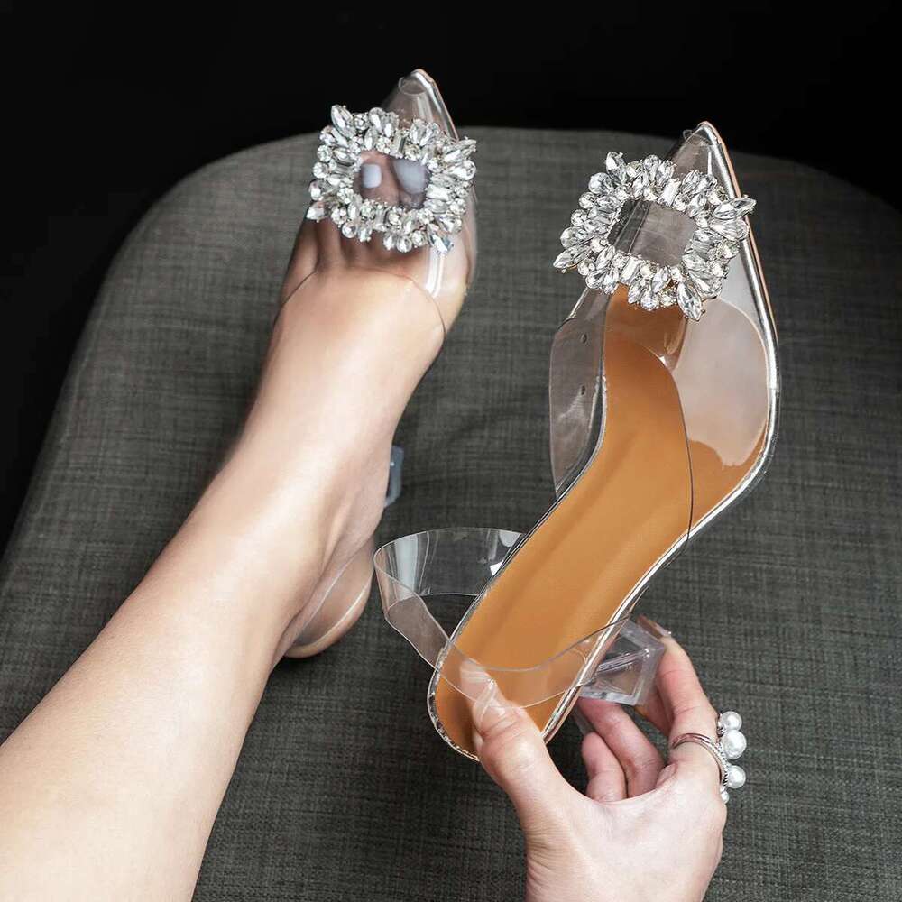 High Sandals Women Summer New PVC Square Crystal Pointed Toe Ladies Heels Transparent Shoes