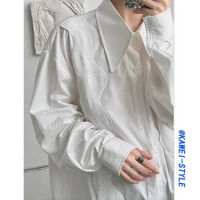 Spring and Autumn White Shirt for Men French Wave Embroidered Long Sleeve Blouse Men Loose Casual Polo Collar Top Men Clothes 250304