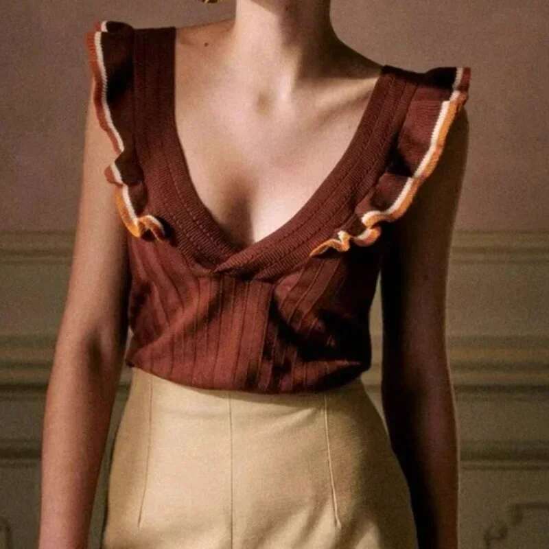 2025 Women Summer Fancy Color Block Ruffle Lace V-Neck Thin Sleeveless Knitted Slim Vest