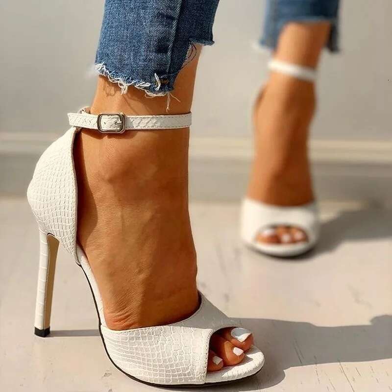 High Heel Sexy Dress Wedding Shoes Women Ankle Strap Peep Toe Heel Sandals White Super High Heels Buckle Snake Pattern Woman Pumps