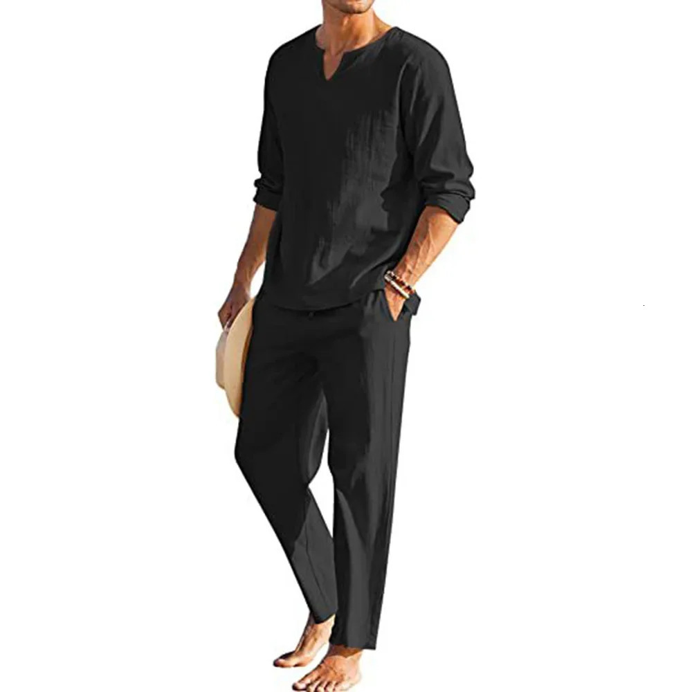 Casual cotton linen twopiece mens set fashionable loose Vneck long sleeved top and Trouser beach style summer clothing 250224