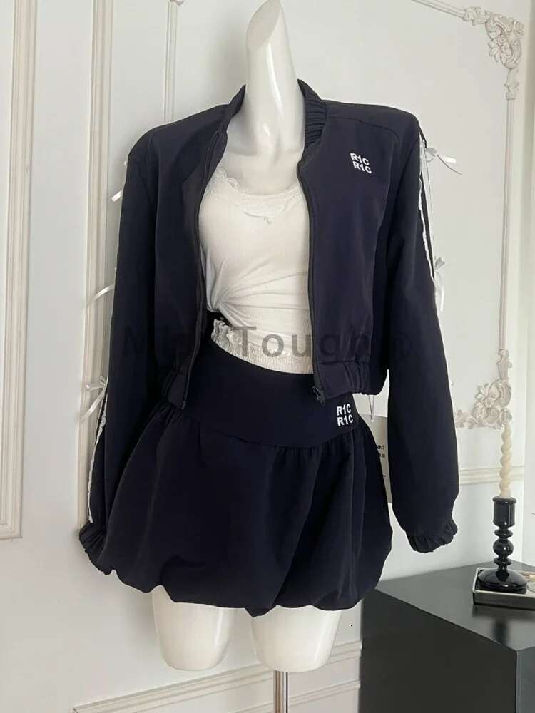 Autumn France Sporty Loose 2 Piece Set Women Vintage Fashion Long Sleeve O Neck Overcoat + High Waist Thin Short Skirt Suit New