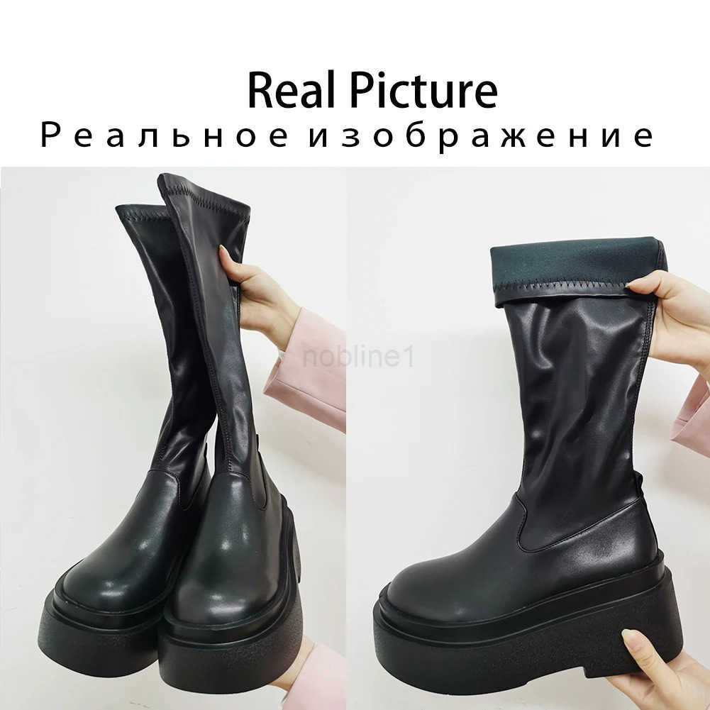 Platform Boots For Wen Knee High Med Calf Chunky Heel Fion Girls Shoes 2022 Autumn Summer Boots Slip On Brand New Goth Z250304