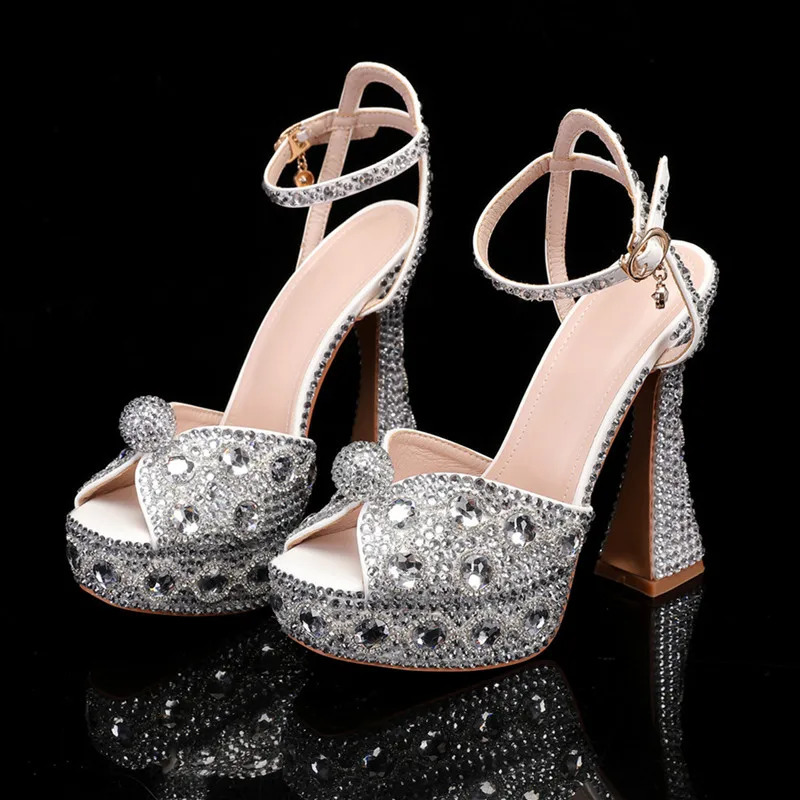 Handmade Full Rhinestones Peep toe Women Sandals Fashion Crystal Platform Wedges High heels Summer Wedding Sandals Shoes 250228