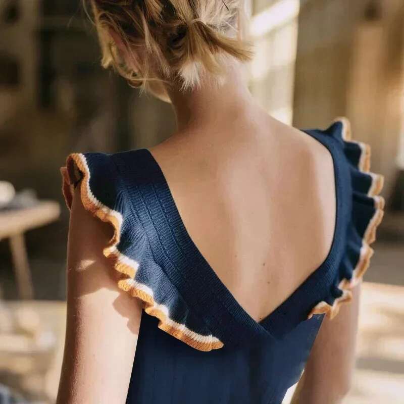 2025 Women Summer Fancy Color Block Ruffle Lace V-Neck Thin Sleeveless Knitted Slim Vest