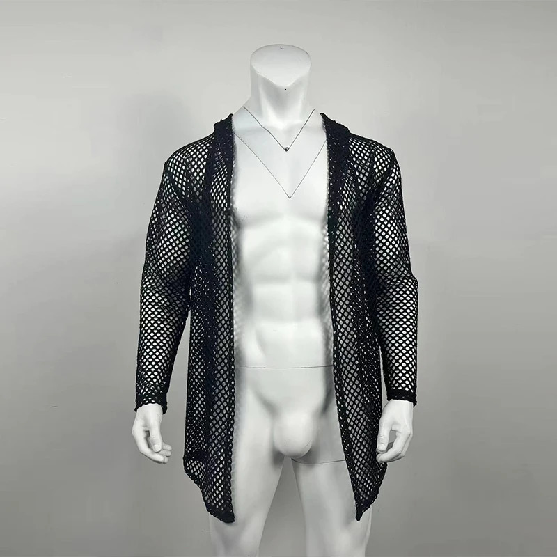 Mens Sexy Hollow Out Long Cardigan Grid Shirts Streetwear Fashion Perspective Long-sleeved Solid Color T Shirts Tops S-XL 250304