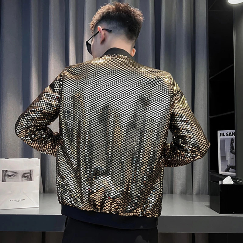Mens shiny sequin windproof jacket bomber fashion streetwear hiphop lightweight gold disco gothic dance costume 250304