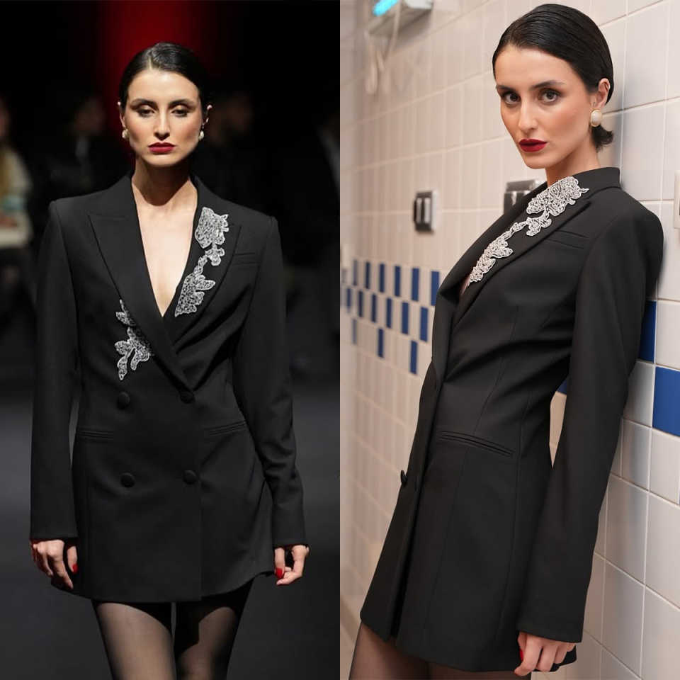 Cool Black Women Blazer Dress Ladies Beads Appliques Formal Birthday Party Wear One Piece Jacket Customized Coat