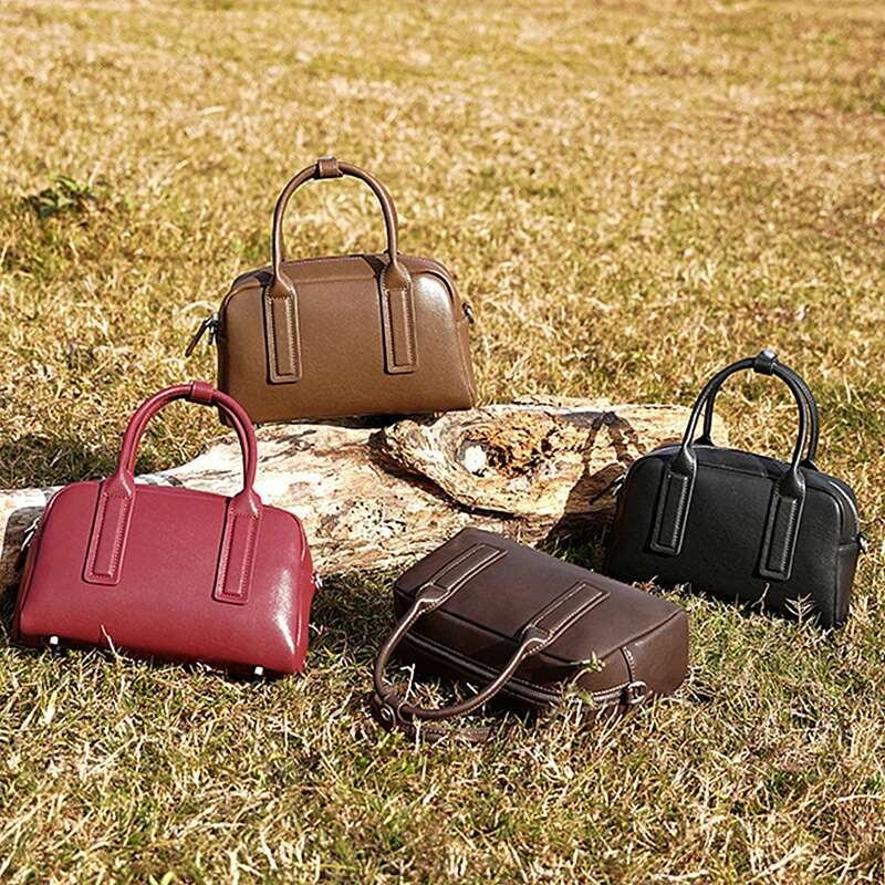 Cowhide Genuine Leather Boston Small Shoulder Bags For Women Trend Designer Crossbody Purses Tote Ladies Handbags