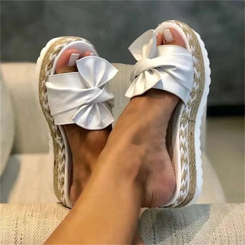 2025 Summer Bowknot Daily Comfy Slip On Platform Casual Sandals Women Breathbale Weave Sandalias Mujer