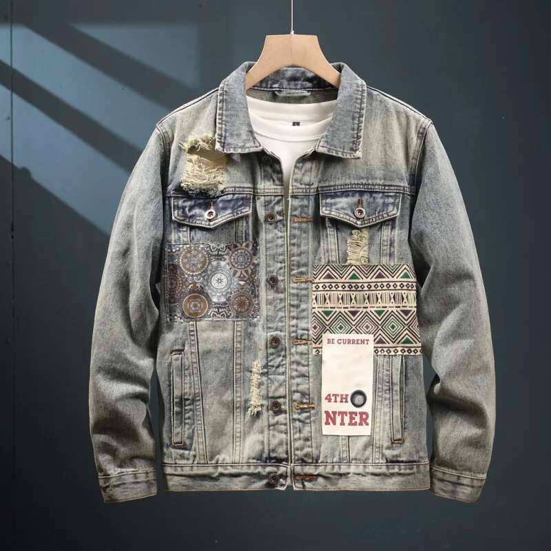 Washed Vintage Denim Men's Fashion Ing Printing 2024 New Autumn High-End Design Ripped Jacket