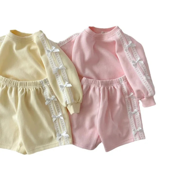 Autumn Children Long Sleeve Clothes Set Girls Lace Bow Sweet Princess Suit Cotton Kids Solid Casual Shorts Outfits 250304