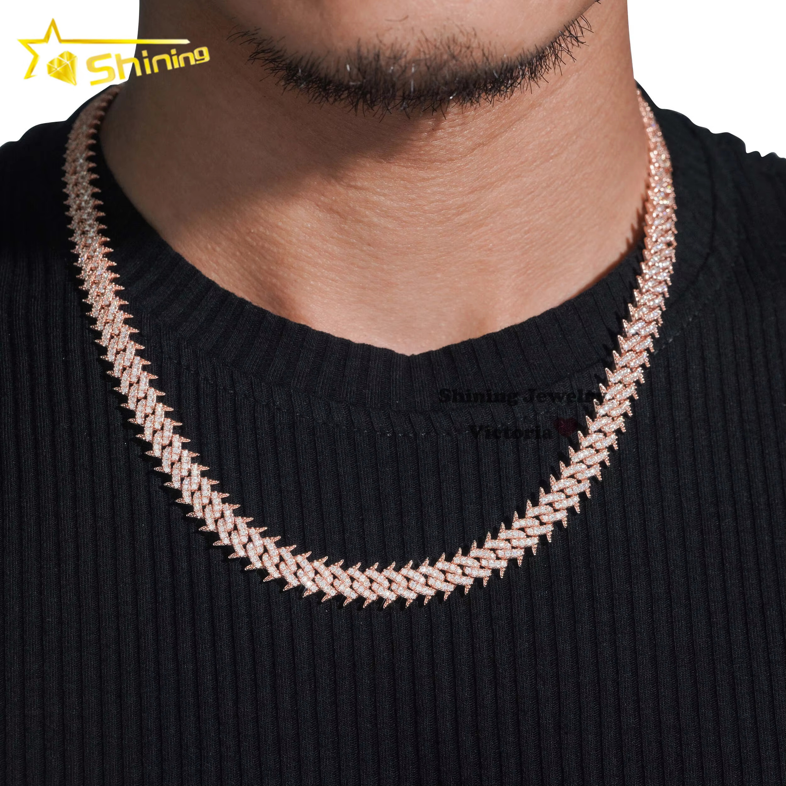 Hot Sale Soild Sier Rose Gold Plated Hip Hop Necklace 10MM VVS Moissanite Dia Spike Cuban k Chain