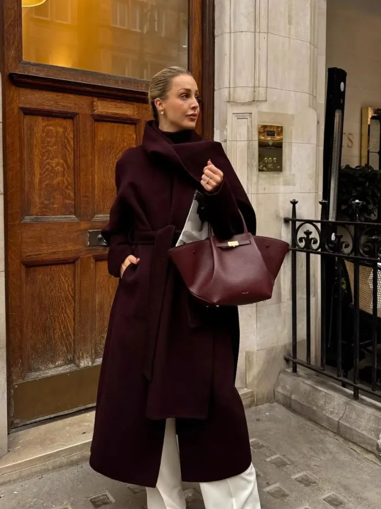 Fashion Burgundy Long Sleeve Scarf Collar Women Overcoat Elegant Solid Lace Up Loose Woolen Jacket 2024 Lady Chic Streetwear 250225