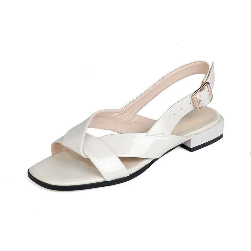 Genuine 2025 New Leather Women Low Heel Square Toe Casual Shoes Summer Comfortable Ladies Sandals Black Beige Size 35-42