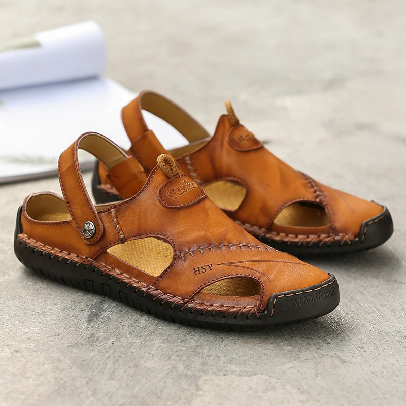 Outdoor Genuine Leather Mens Sandals Summer Non-slip Anti-collision Toe Beach Casual Shoes Walking Hiking Travel Shoes Men 250303