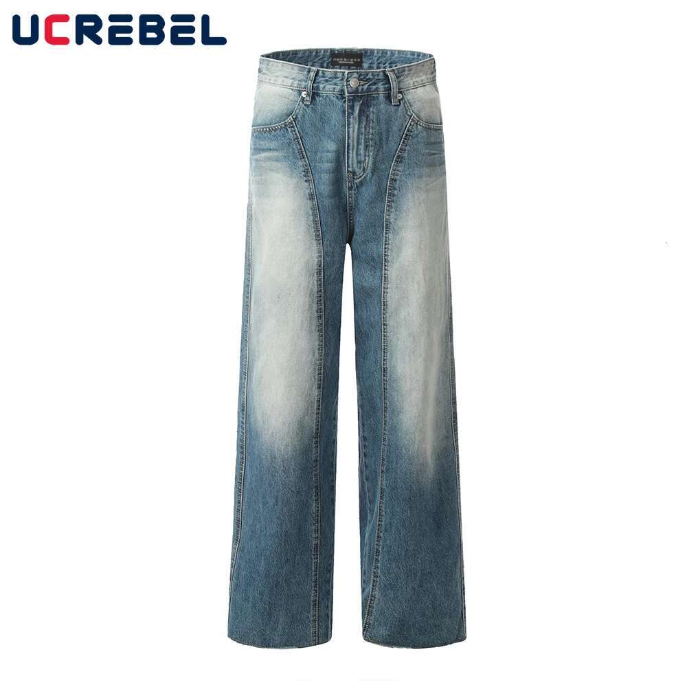 Spliced Denim Wide Leg Pants Mens Pocket Retro High Street Loose Washed Distressed Raw Edge Jeans Men Trousers