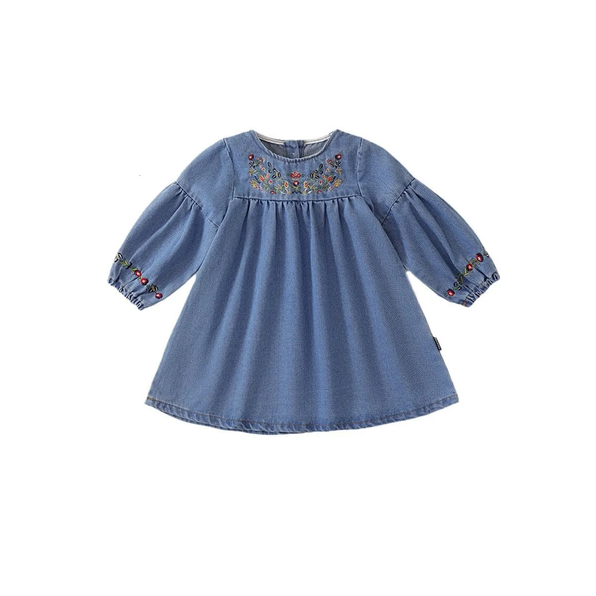 SpringAutumn Childrens Baby Girls Embroidered Denim Clothing Full Sleeve Knee length Dress for Preschoolers 250303