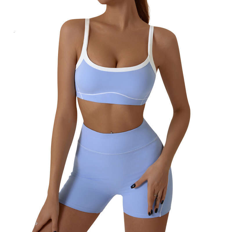New European and American nude tight outdoor sports suit with thin shoulder contrasti colors, gerie straps, yoga clothes, 2025 new casual fashion tren